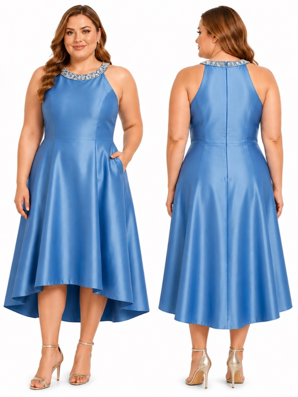 Adrianna Papell - Pearl Embellished Halter High-Low Mikado Dress